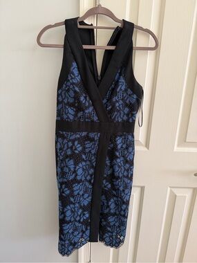 Harlyn Black & Blue Lace Midi Dress with V-Neck